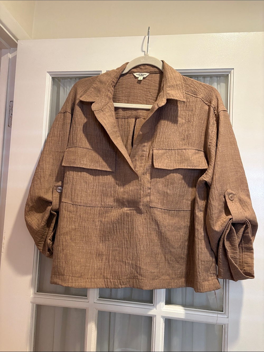 Max Studio Tan Utility-Inspired Pullover Blouse